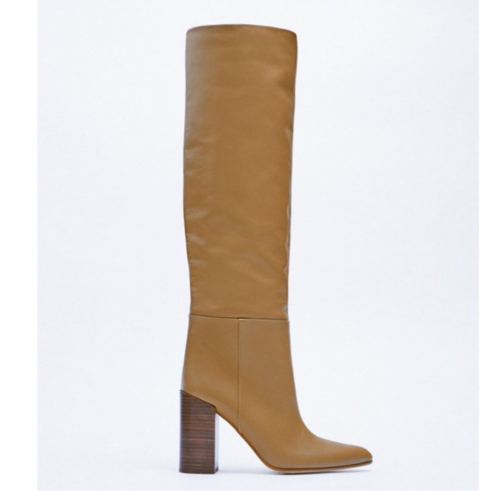 NEW ZARA Leather Knee High Heeled Camel Boots 38 Size 7.5 - Picture 6 of 10